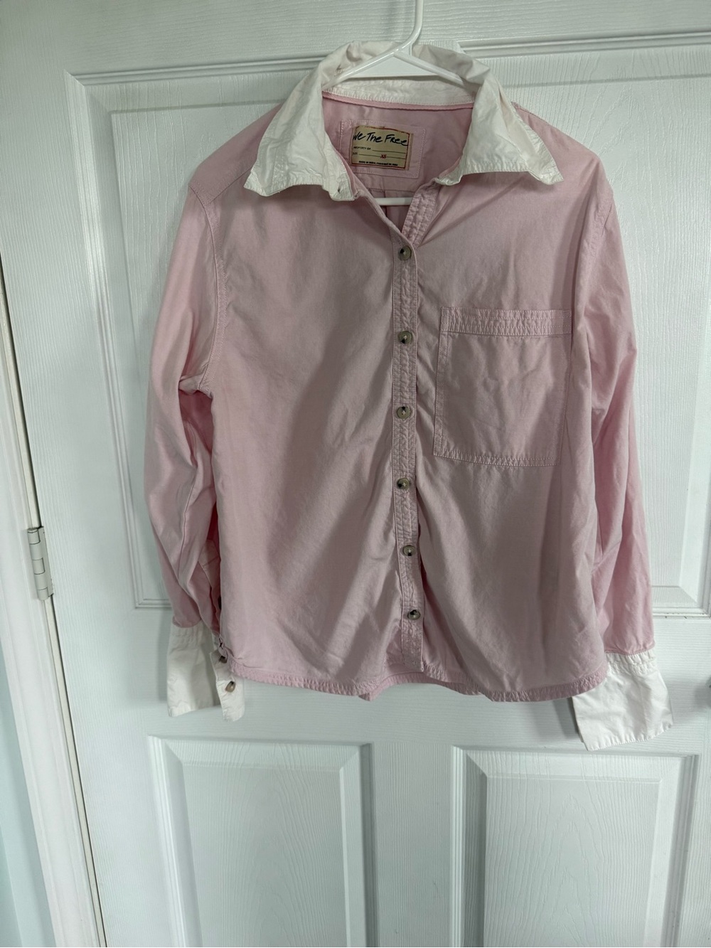 We The Free Free People XS Pink White Button Down Shirt Oversized Cotton Preppy
